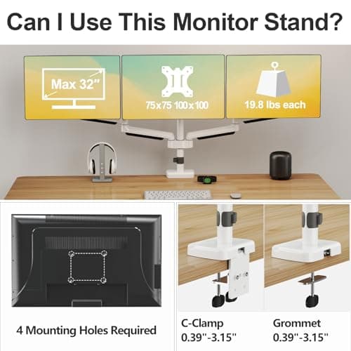 MOUNT PRO Triple Monitor Mount, 3 Monitor Desk Mount for Three Screens up to 32 Inch, Full Motion Gas Spring Heavy Duty Arm Hold up to 19.8lbs Each, White 6