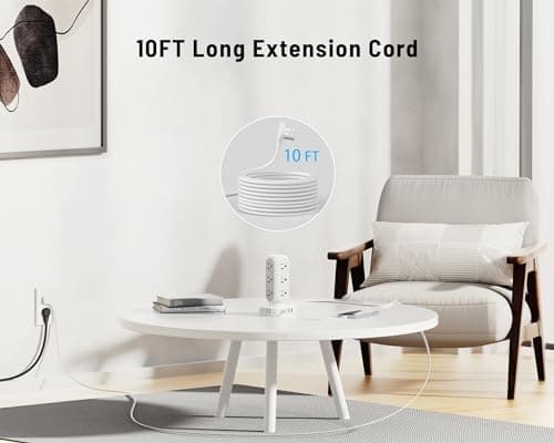 Flat Plug Power Strip Tower 10FT, 40W Total Fast Charging Station, Dual PD 20W USB-C Surge Protector with 12 AC Outlets and 8 USB Ports (4 USB C), Long Extension Cord for Home Office Dorm Room 5