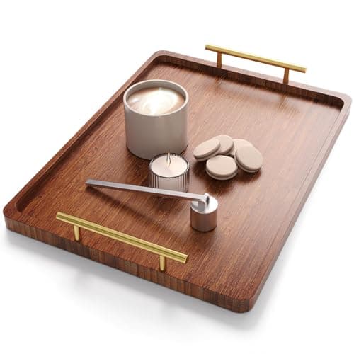 Fibogollo Bamboo Serving Tray with Metal Handles(15.7x11.8inch),Ottoman Decorative Trays Platter for Eating Breakfast,Working,Storing(Brown)