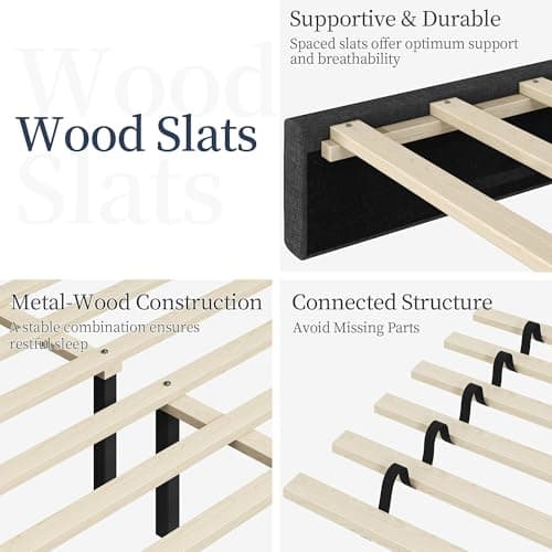 Yaheetech Upholstered Bed Frame, Modern Full Bed Platform with Square Stitched&Button Tufting Headboard Height Adjustable, Wooden Slats Support, No Box Spring Needed, Full Size, Dark Gray 6