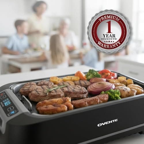 OVENTE Smokeless Indoor Grill, 1500W Electric Portable Korean BBQ Grill with One-Touch Control, LED Smart Display, Tempered Glass Lid, Two Removable Non-Stick and Dishwasher Safe Plates, Black SGR85B 10