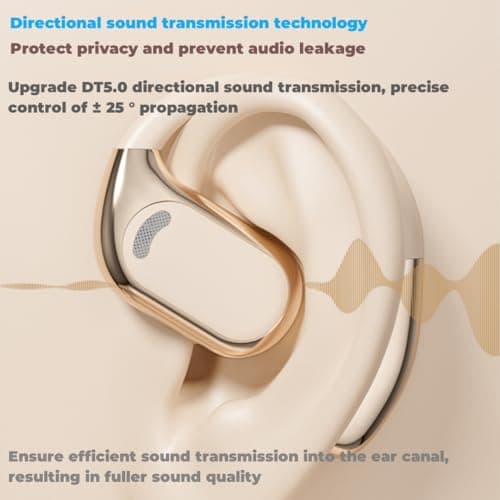 Fenpos Bluetooth Open Ear Gaming Headphones, HiFi IPX5 Waterproof Noise Cancelling Wireless Bluetooth Earbuds with Mic and Flexible Earhooks for Android/iOS 72 Hours (Beige) 6