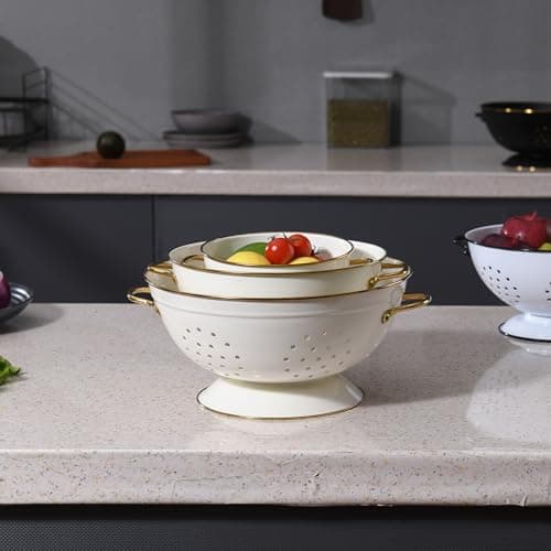 Metal Colander Set of 3, Strainer Basket with Handles perfect for Spaghetti, Pasta, Berry, Vegetable, Fruit, Solid Base Powder Coated Kitchen Essential Strainer Set, 1 & 3.5 & 5 Qt (Cream) 6