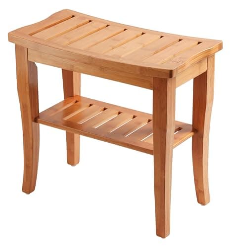 Bamboo Shower Bench - Small Wooden Shower Stool with Storage Shelf, Non-Slip Bathroom Seat, Spa Decor Bath Bench, Foot Rest Shaving Stool for Shower, Indoor Outdoor Use, Great Gift Idea (17" x 9 x 17) 7