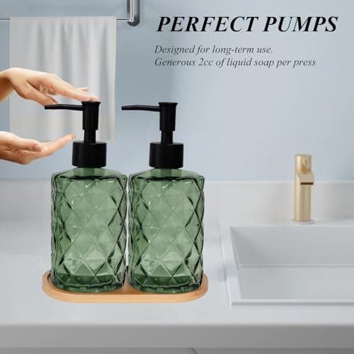 Glass Hand and Dish Soap Dispenser Set of 2 with Plastic Pumps, Bamboo Tray, 12oz Green Bathroom Soap Dispenser with Diamond for Hand Wash & Dish Wash, Ideal for Bathroom Kitchen Countertop 5