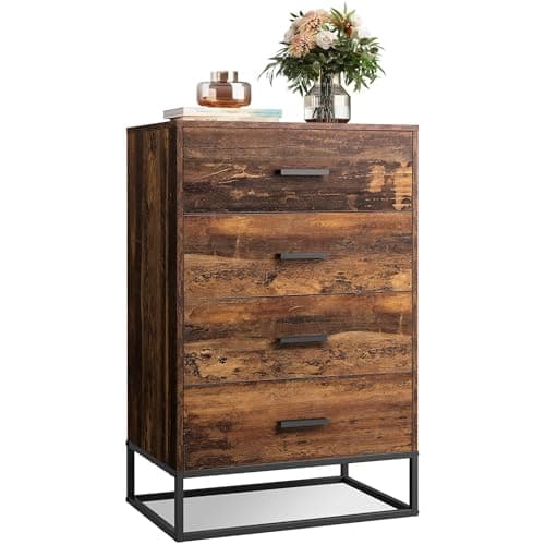 WLIVE Wood Dresser for Bedroom, Wooden Chest of Drawers with 4 Drawers, Bedroom Dresser with Sturdy Metal Frame for Hallway, Living Room, Closet, Brown Oak