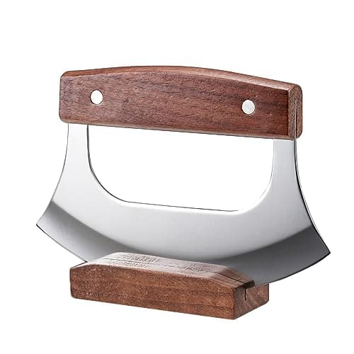 Coowolf Ulu Knife - Sharp Rocker Mezzaluna Knife with Stand for Cutter Pizza, Meat, Vegetables, Herb, Salad, Stainless Steel Blade, Walnut Wood Handle, Kitchen Essentials Accessories and Gadgets Tools