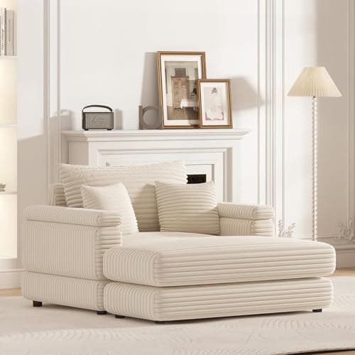 EXZLFA Oversized Chaise Longue Indoor,Comfy Thicked Upholstered Pad Lounge Chair with Ottoman,Soild Wood Sleeper Reclining Chair ,Corduroy Deep Seat Couch for Living Room (Beige, 1 Seat)