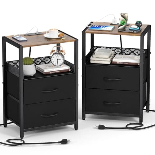 vimiroo Nightstands Set of 2, End Table with Charging Station, Side Tables Bedroom with 4 Fabric Drawers, 3-Tier Bedside Table with Storage Shelf for Living Room, Office, Bedroom (Black)