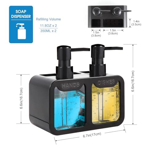 Kitchen Soap Dispenser Set, with Hand and Dish Soap, Sponge Caddy and Brush Holder 4-in-1 Kitchen Dual Soap Dispenser Set for Kitchen Sink, Bathroom - Black 6