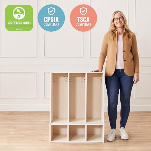 ECR4Kids Streamline 3-Section Toddler Coat Locker with Bench, Classroom Furniture, White Wash 5