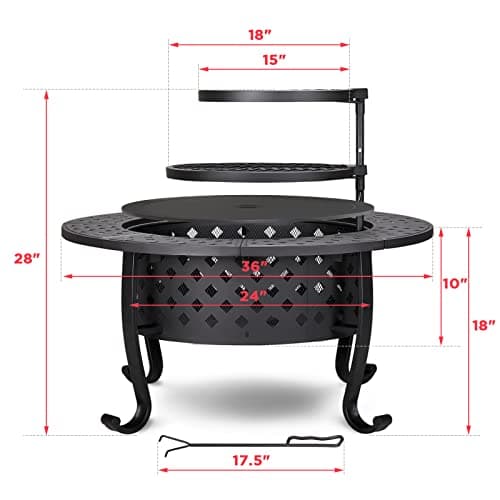 PaPaJet 36 Inch Fire Pit with 2 Grill, Outdoor Wood Burning Firepit with Lid, Metal Round Table for Backyard Patio Garden Picnic Camping Bonfire 6