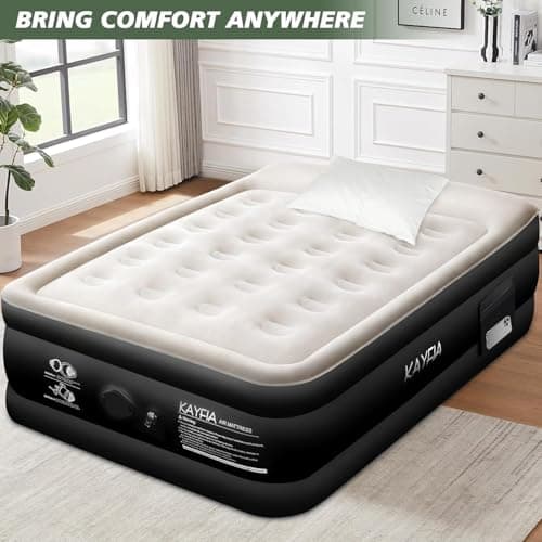 Twin Air Mattress with Built-in Rechargeable Pump Quick Set up Inflatable Mattress under 3 Mins for Camping & Portable Travel Blow up Bed Leak-free Luxury 18" Flocked Air Bed with Raised Pillow, Black 7