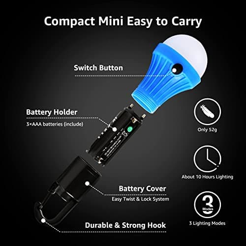 Lepro LED Camping Lantern, Camping Essentials, 3 Lighting Modes, Hanging Tent Light Bulbs with Clip Hook for Camping, Hiking, Hurricane, Storms, Outages, Collapsible, Batteries Included, 4 Packs 5