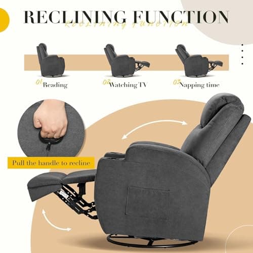 Recliner Chair,360° Swivel Rocker Chair for Adults, Rocking Recliner Chair with Massage, Comfy Single Sofa with Side Pockets Cup Holders for Living Room, Bedroom, Nursery (Fabric, Gray) 5