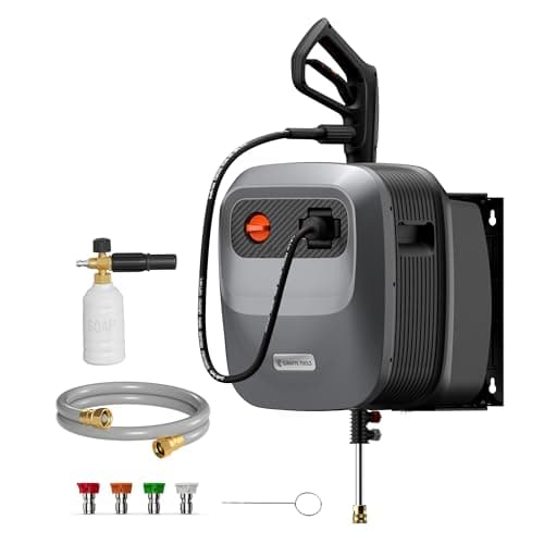 Giraffe Tools Grandfalls Retractable Pressure Washer G20B, 2500 PSI 2.2 GPM, Wall Mounted Power Washer with 65FT Hose Reel, Black Pressure Hoses, 4 Nozzles for Floor/Cars/Fences/Patios, Dark Silver