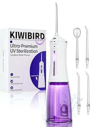 KIWIBIRD Water Dental Flosser Cordless with UVC Light, 3 Modes Portable Oral Irrigator, IPX7 Waterproof, 300ML Tank, Electric Teeth Cleaner for Tonsil Stones, Home & Travel Use (Black & White)