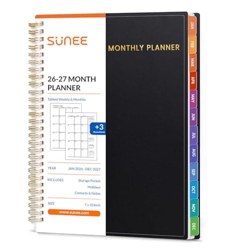 SUNEE Monthly Planner 2026–2027 (Jan 2026 to Dec 2027) – Large 7" x 10" Organizer with Tabs, Note Pages, 100 GSM Paper, 24-Month Calendar, Spiral Bound for Office, School, Women, Men, Black