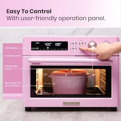 VAL CUCINA Retro Style Infrared Heating Air Fryer Toaster Oven, Extra Large Countertop Convection Oven 10-in-1 Combo, 6-Slice Toast, Enamel Baking Pan Easy Clean with Recipe Book, Classic Pink Color 5