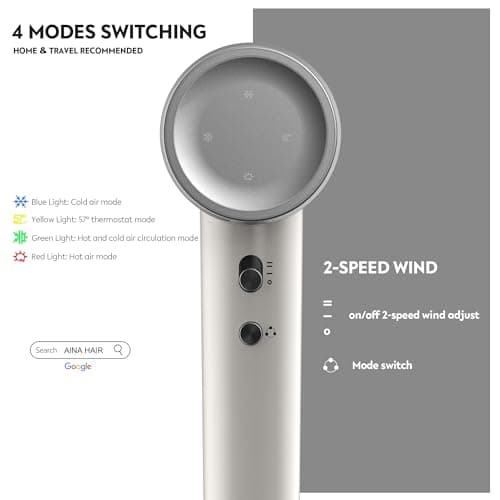 AINA Hair Dryer,Blow Dryer with Diffuser Brush Comb for Women - BLDC Hair Dryer - Brushless Motor, 110,000 RPM Lightweight,Ionic Travel, 3 Magnetic Attachments 110V/ALCI(Ivory White) 4