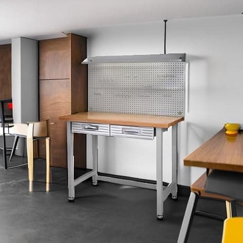 Seville Classics LED Lighted Pegboard Workcenter with 23 Peg Hook Assortment and Drawer Table, 48", Granite Gray 7