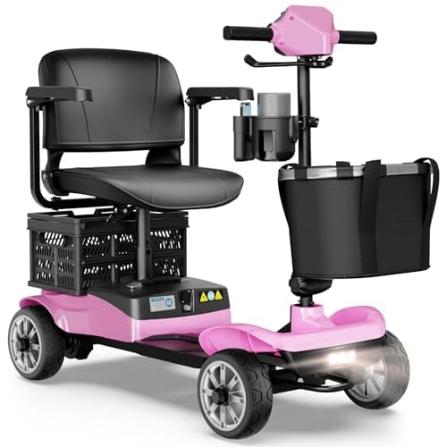 4-Wheel Mobility Scooter for Adults – Foldable Portable Motorized Scooters with 330lbs Capacity, Detachable Battery, Dual Baskets, Cup & Phone Holder, Pink