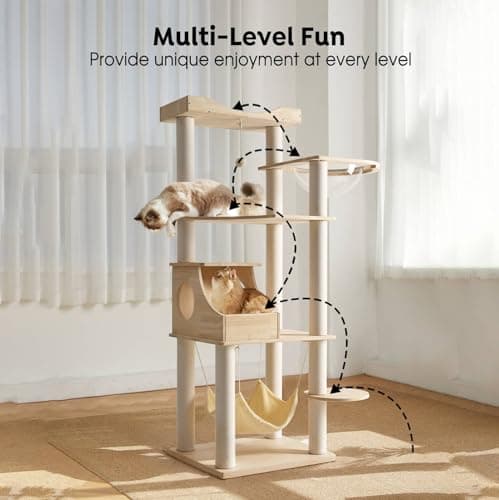 Veehoo Cat Tree Tower-64 Inches Modern Cat Tree for Indoor Cats, Solid Wood Cat Tree with Cat Condo/Cat Perches/Scratching Post and Hammock, Tall Wooden Cat Tree for Large Cats 5