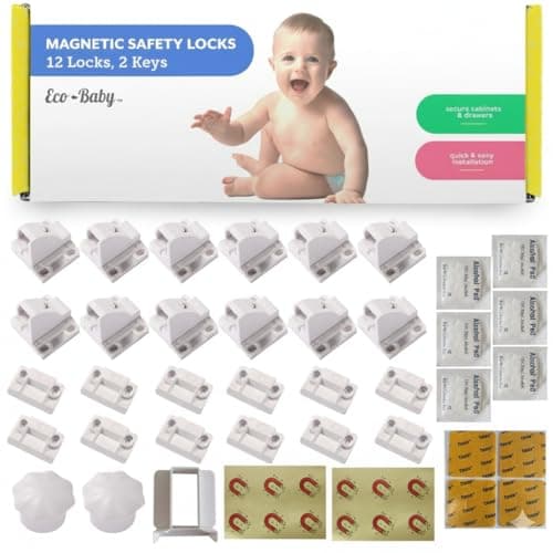 Magnetic Cabinet Locks for Babies (12 Pack Locks with 2 Keys), Eco Baby Baby Proofing Cabinet Locks, Child Locks for Cabinets Drawers Doors, Easy Installation No Tools Required