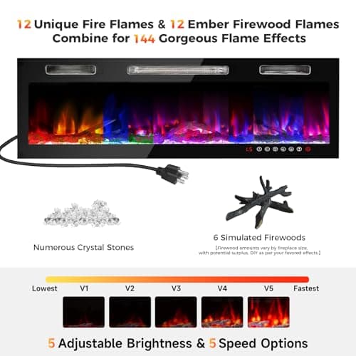 36"Electric Fireplace Smart Control, Crackling Wood Sound Fire Places Electric Fireplace Insert,144 Flame Effects Wall Fireplace Electric with Remote Control & Screen,Wall Fireplace Heater for 400 Sq 6