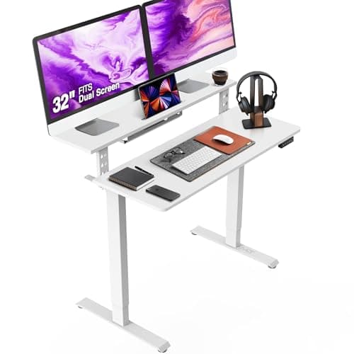 AVLT 47″ Electric Standing Desk with Dual-Tier Shelf & Tablet Holder – Height Adjustable Sit-Stand Desk for Home Office, Motorized Frame Supports 176 lbs (80kg), Includes Tabletops – White