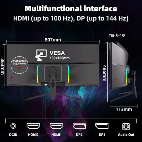34 Inch 4K Curved Gaming Monitor, (3440x1440 ) 165Hz Ultrawide Computer Monitor, HDR, 1500R, 125% sRGB, DCI-P3 92%, HDMI/DP and Built-In Speaker Support Wall- Black 8