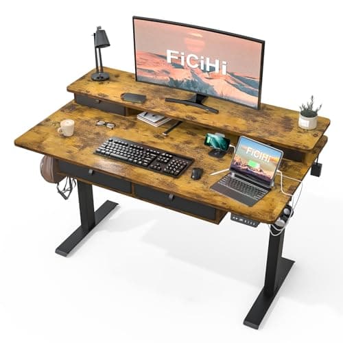 FiCiHi Adjustable Height Standing Desk with 4 Drawers,55 x 30 inches Electric Sit Stand Home Office Desk with Two Tiers, 3 Memory Presets, Monitor Stand Riser, USB A/C Charging Port