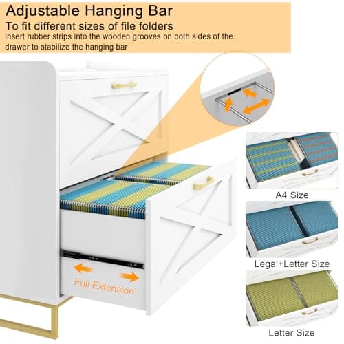 File Cabinet 2 Drawers Lateral File Cabinet with Charging Station for Letter/Legal/A4 Size Hanging Files, Large Wood File Storage Cabinets Printer Stand for Home Office, White and Gold 6