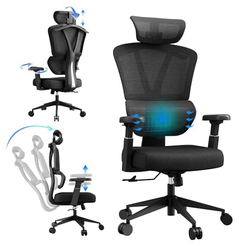 BIKIGIRL Ergonomic Office Chair Mesh High Back Computer Desk Chair with Lumbar Support, Adjustable Headrest, 3D Armrests, Tilt Lock for Home Office & Gaming