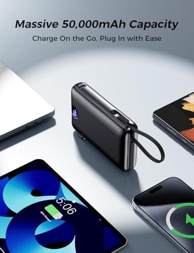 Sucrosey Power Bank, 50000 mAh Portable Charger with Built in Cable & Wall Plug, 22.5W Fast Charging, Travel Essential Battery Pack with LED Display for iPhone 17/16/15/14 Series, Galaxy, iPad Black 5