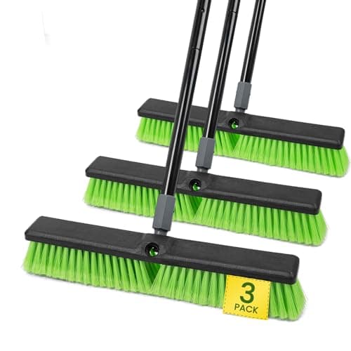3 Pack 18” Push Broom Outdoor Heavy Duty, Garage Shop Broom with 59.5" Long Bandle for Cleaning Outdoor or Indoor Tile, Garage, Shop, Deck, Concrete, Wood, Stone, Patio Floor, with Soft Bristles