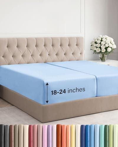 Extra Deep Split King Fitted Sheet - Hotel Luxury Single Fitted Sheet Only - Easily Fits 18 inch to 24 inch Mattress - Ultra Soft, Wrinkle Free w/Extra Deep Pockets - Breathable & Comfy - Light Blue