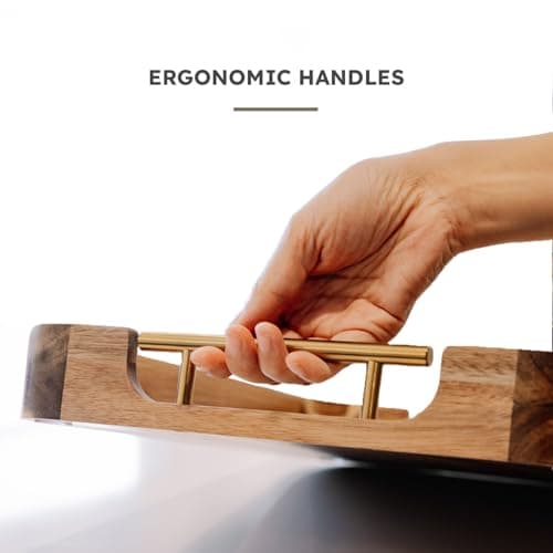 Upper Acacia Wood Ottoman Tray 17x13 Inches with Handles, Decorative Serving Tray for Coffee Table, Breakfast Tray with Anti-Skid Pads 7