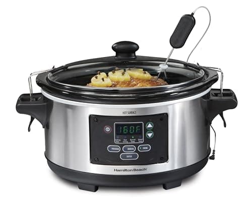 Hamilton Beach Portable 6 Quart Set & Forget Digital Programmable Slow Cooker with Lid Lock, Temperature Probe, Dishwasher Safe Crock & Lid, Stainless Steel (33969A)