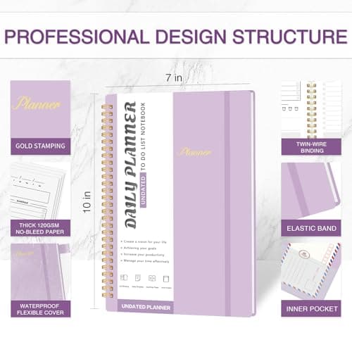 Daily Planner Undated, To-Do List Notebook with Hourly Schedule, Spiral Appointment Organizer Calendar for Man / Women, Flexible Cover, Twin-Wire Binding Elastic Closure, Pocket Pen Loop, 160 Pages 5