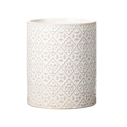 MIKIGEY Kitchen Utensil Holder, 6x7 inch Large Ceramic Utensil Holder with Embossed Pattern, Cooking Utensil Crocks for Kitchen Countertop, Home Decor, Off-White