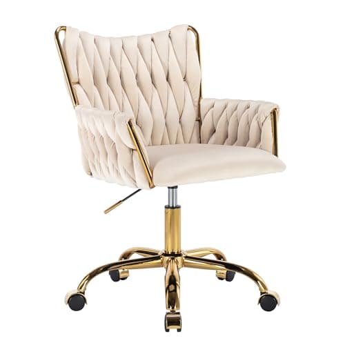 KCC Modern Velvet Home Office Desk Chair with Hand Woven Backrest, Upholstered Adjustable Makeup Vanity Chair with Armrest and Golden Metal Base with Wheels for Living Room Bedroom Study(Beige)