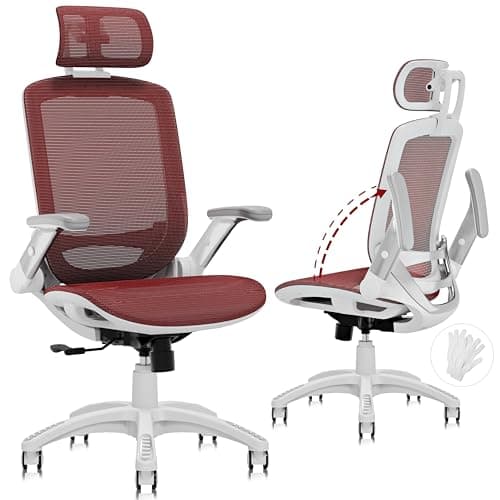 GABRYLLY Ergonomic Office Chair, High Back Home Desk Chair with Headrest, Flip-Up Arms, 90-120° Tilt Lock and Wide Cushion, 300LBS Mesh Chairs for Man Woman, White Task Chair(Red,GY01WR)