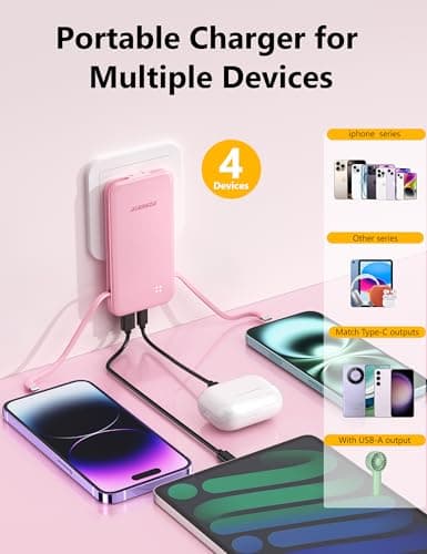 Alongza Portable Charger Built-in Cables and AC Wall Plug, Slim Fast Charging Power Bank 10000mAh, Lightweight USB C External Battery Pack Compact Travel Cell Phone Charger 6