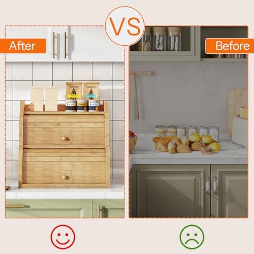 HOOBRO Bread Box, Bamboo Bread Box for Kitchen Countertop, 2-Tier Roll-Top Bread Bin, Food Storage Box, Bamboo Storage Cabinet with Handles, for Kitchen, Dining Room, Natural YL15MB01 7