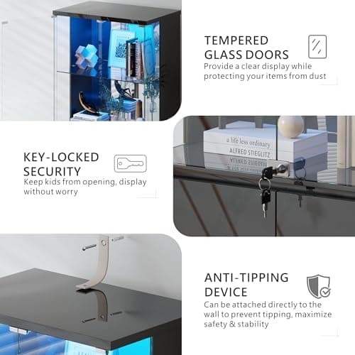 Lvifur 71” Glass Display Cabinet with Lights, Modern Curio Cabinet Display Cases for Collectibles, Locking Cabinet with Shelves & Drawers, Tall Bookcase with Human Body Sensor for Living Room (Black) 5
