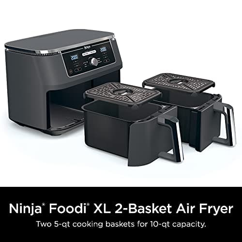 Ninja DZ401 Foodi 10 Quart 6-in-1 DualZone XL 2-Basket Air Fryer with 2 Independent Frying Baskets, Match Cook & Smart Finish to Roast, Broil, Dehydrate for Quick, Easy Family-Sized Meals, Grey 6