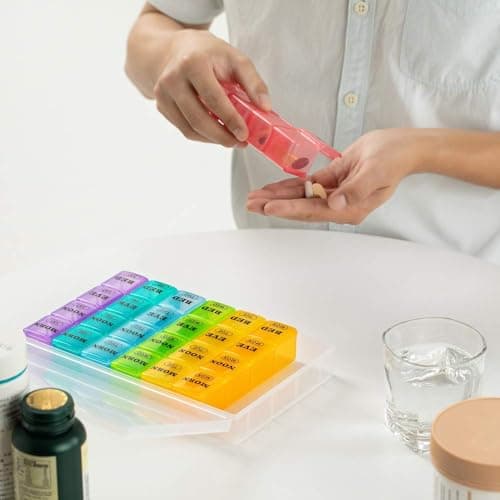 XL Large Weekly Pill Organizer 4 Times a Day, 7-Day Pill Boxes AM PM, Big Compartments Pill Case, Monthly Medication Organizer 28 Days Dispenser for Fish Oils, Vitamin Holder Supplement 6