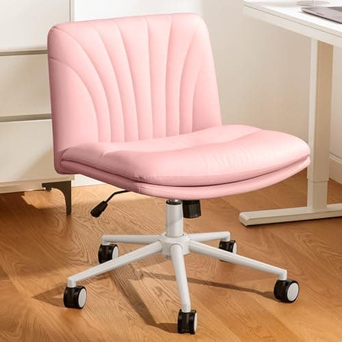 Marsail Armless-Office Desk Chair with Wheels: PU Leather Cross Legged Wide Chair,Comfortable Adjustable Swivel Computer Task Chairs for Home,Office,Make Up,Small Space,Bed Room, Pink