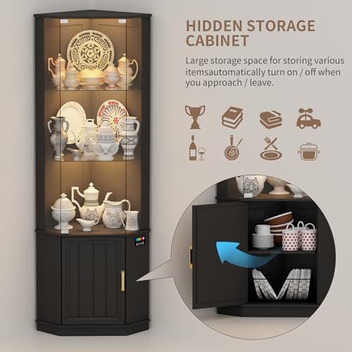 Lvifur 69" Corner Glass Display Cabinet with RGB Lights,3-Tier Movable Glass Shelves,Curio Display with Human Body Sensor,Bookcase with Storage Cabinet for Toys,Books,Collectibles,Liquor,Black 6